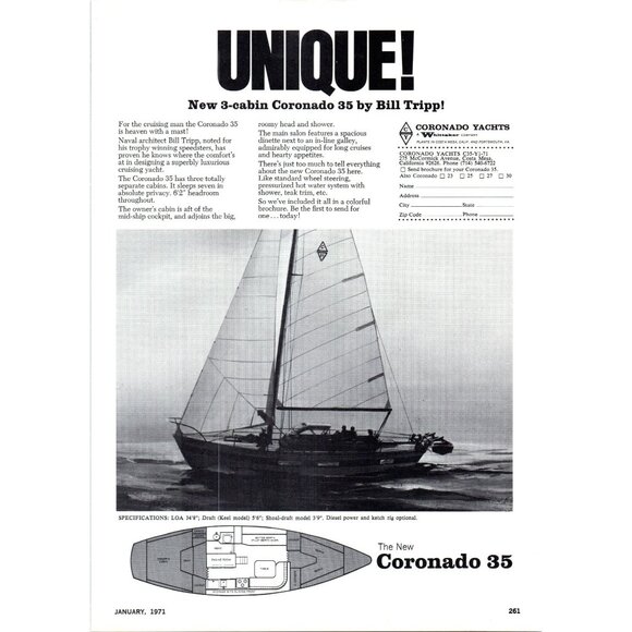 Coronado Other - 1971 Coronado 35 Sailing Yacht Vintage Print Ad Bill Tripp Nautical Wall Art